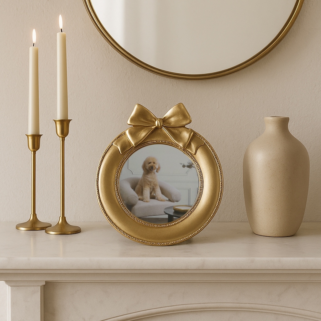 Gold 4x4 in. Polyresin Glam Round Photo Frame with Bow