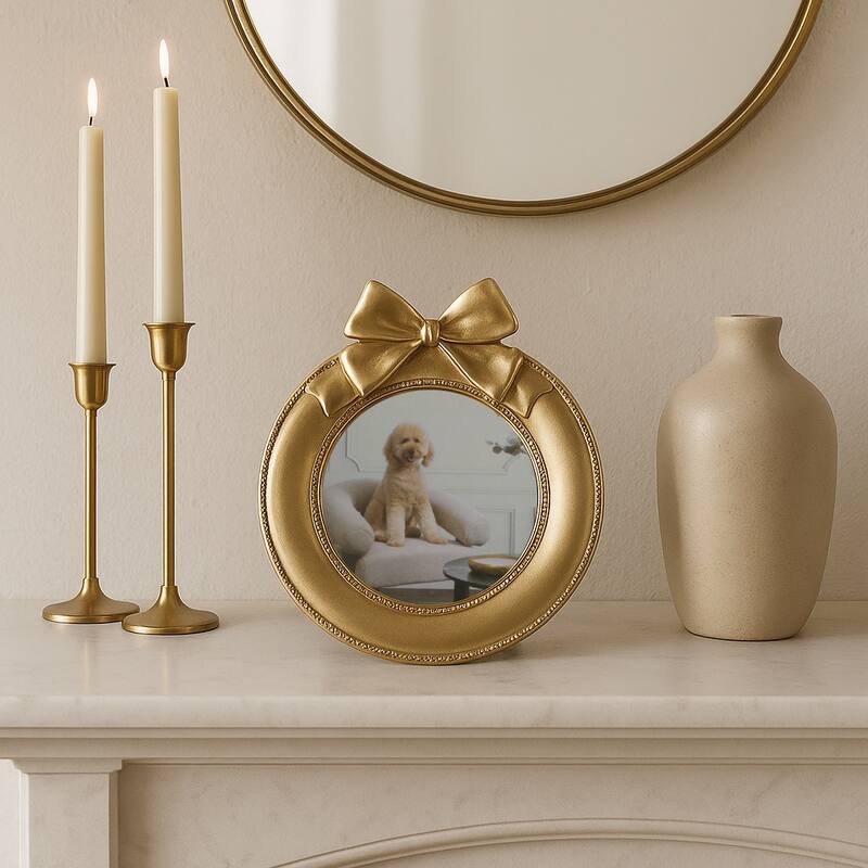 Gold 4x4 in. Polyresin Glam Round Photo Frame with Bow - Gold - 6.5"