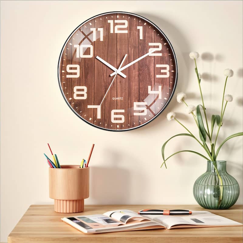 Wall Clock, Silent Non Ticking Battery Operated Modern Clocks for Home - Black Texture - 12 Inch