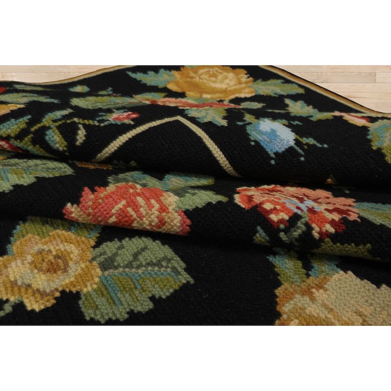 9x12 Hand Woven Wool Black Portugese Needlepoint Traditional Area Rug - 9' x 12'