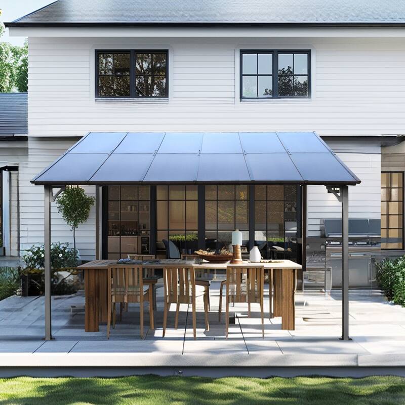 10'x12' Wall-Mounted Metal Pergola Gazebo with Polycarbonate Roof for Patio, Deck & Backyard