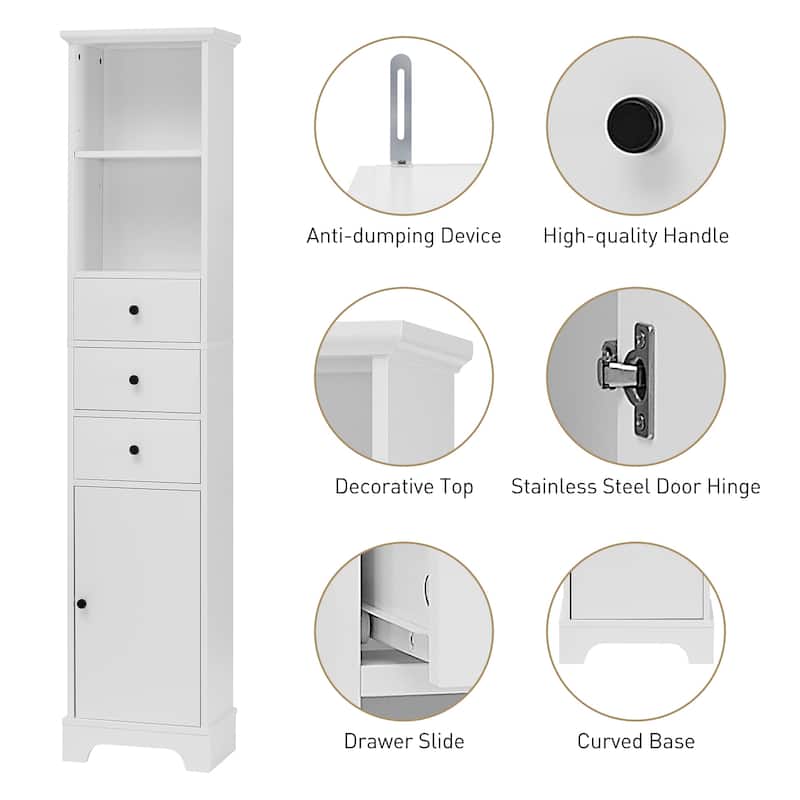 Tall Bathroom Cabinet, Freestanding Storage Cabinet with 3 Drawers and Adjustable Shelf