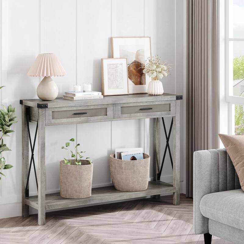Farmhouse Sofa Table - Console Table with Rattan Drawers