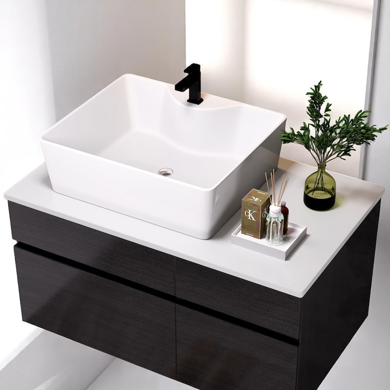 31.5" Wall-Mounted Bathroom Vanity with Vessel Ceramic Sink, Soft-Close Drawer & Doors,Engineered Stone Top(Faucet Not Included)