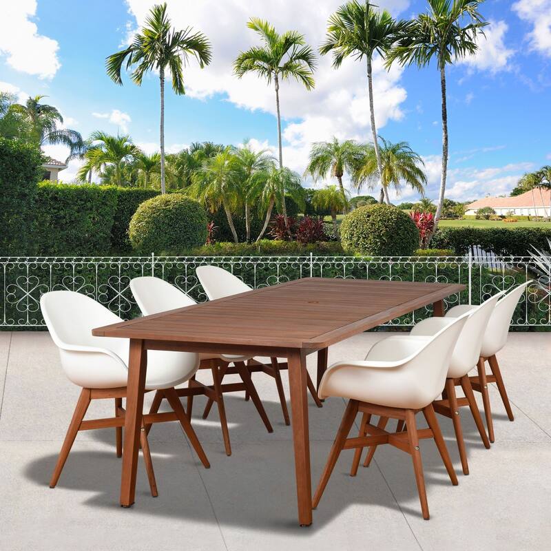 7-Piece Brown and White Charlotte Eucalyptus Rectangular Patio Dining Set 85"