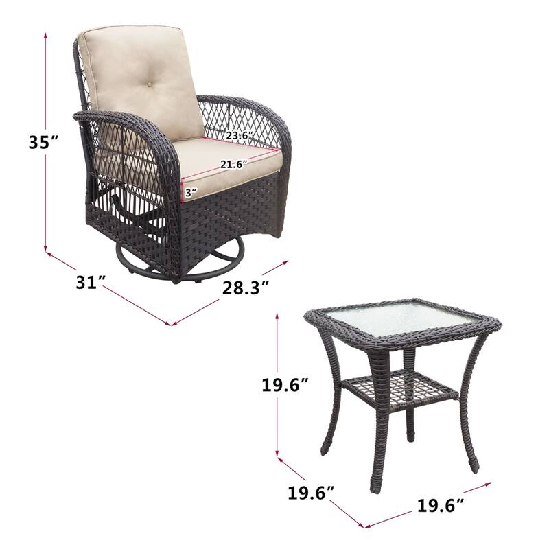 360-Degree Patio Wicker Swivel Rocker Chairs Set,w/Cushions and Table - Brown