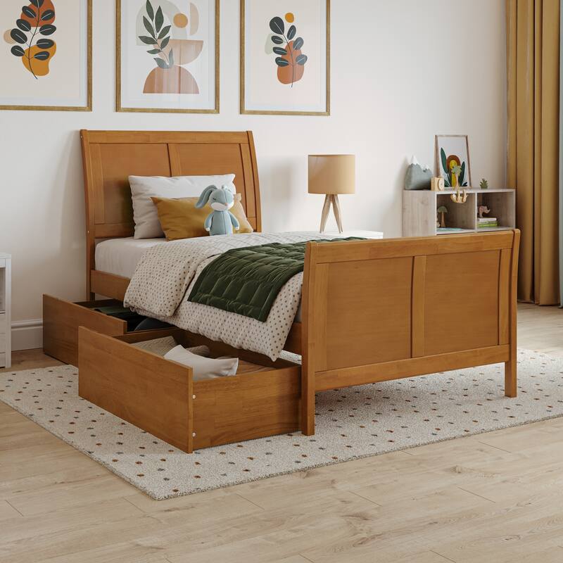 AFI Portland Solid Wood Platform Bed with Matching Footboard and Storage Drawers - Light Toffee - Twin