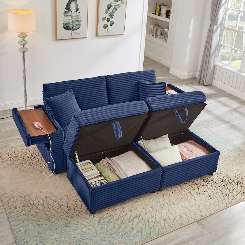Modular Chaise Sleeper Sofa Bed, Corduroy Loveseat Couch & Storage Ottomans Set with Folding Table Boards and USB Ports - Blue