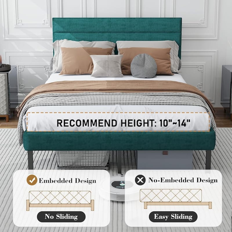 Linen Upholstered Bed Frame Metal Platform Bed Frame with Headboard and 14" Underbed Storage, Metal Slats Support, Noise-Free