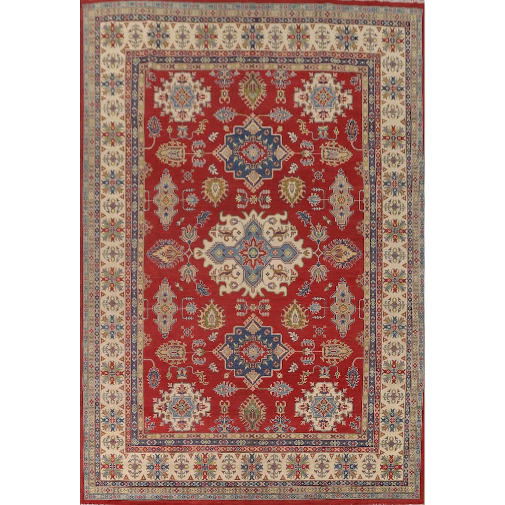 Red Geometric Kazak Oriental Large Area Rug Wool Carpet - 9'10" x 13'9"