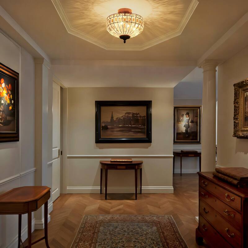 15.6" 3-Light Retro Rust-Colored Bowl Shaped Faceted Clear Crystal Semi-Flush Mount Ceiling Light for Bedroom, Kitchen