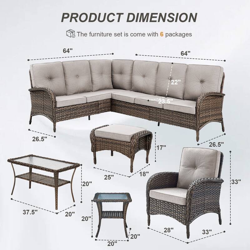 Gymojoy L-Shaped Outdoor Sectional Sofa Set with Patio Chairs Ottomans & Coffee Table