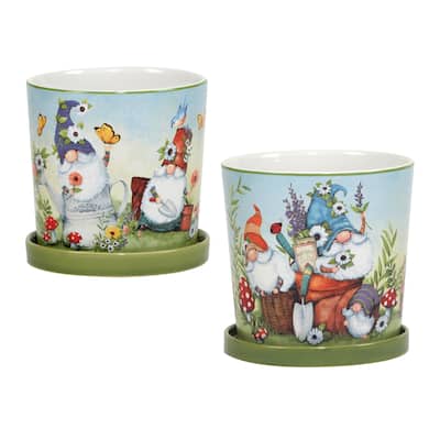 Certified International Garden Gnomes 2 piece Planter Set with Saucer