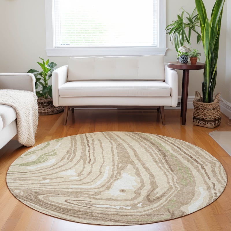 Machine Washable Indoor/ Outdoor Abstract Brushstrokes Chantille Rug - Beige - 8' x 8'