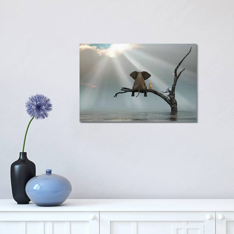 iCanvas "Elephant And Dog Are Sitting On A Tree Fleeing A Flood" by Mike Kiev Canvas Print - 12x18x1.5