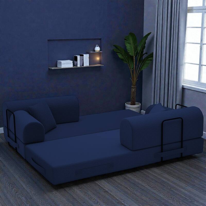 Convertible Sleeper Sofa Bed, 4-in-1 Corduroy Folding Floor Couch with Cylindrical Pillow, 2-Seat Space-Saving Lounge Sofa
