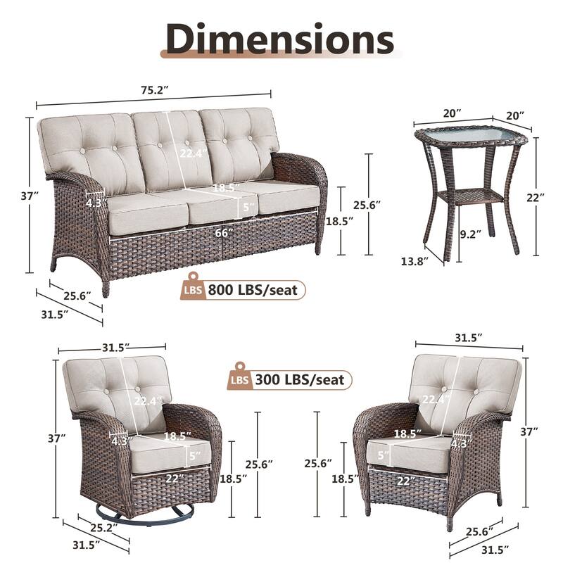 TWrap 6-Piece Patio Brown Wicker Sofa Conversation Set with 5-Inch Thick Cushions