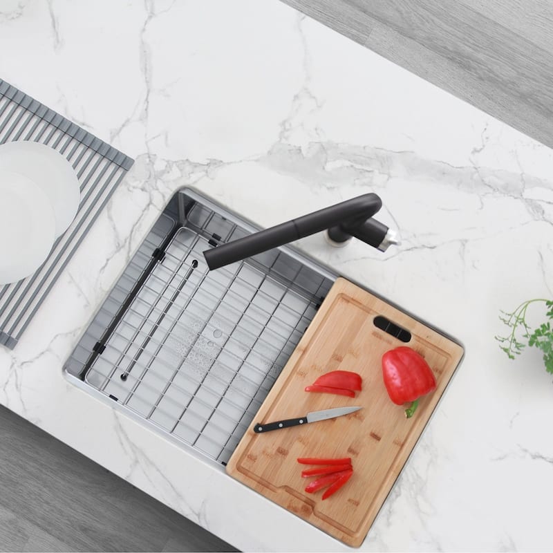 STYLISH 27 inches Workstation Single Bowl Undermount 16 Gauge Stainless Steel Kitchen Sink with Built in Accessories Handmade - Brushed Stainless Steel