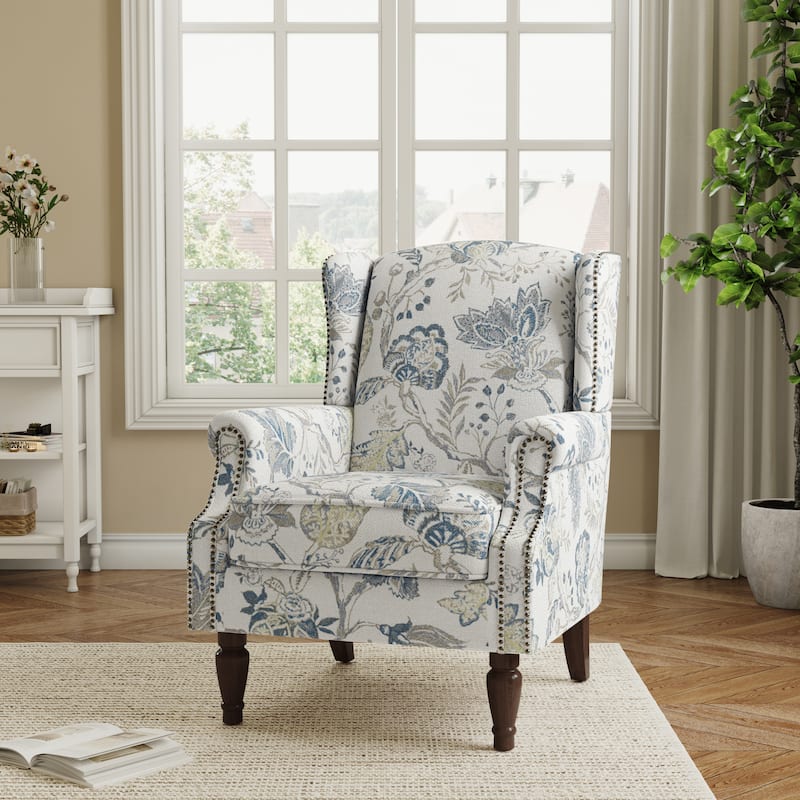Traditional Floral Patterned Wingback Armchair with Nailhead Trim - Plants Blue