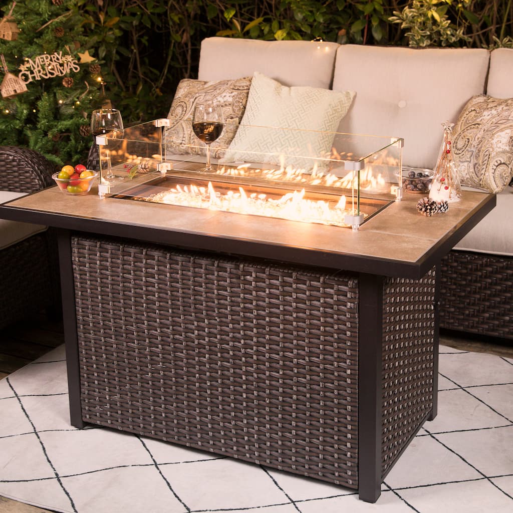 Outdoor 43-inch 50,000 BTU Propane Gas Fire Pit Table, Ceramic Tabletop and PE Rattan Weaved Iron Frame