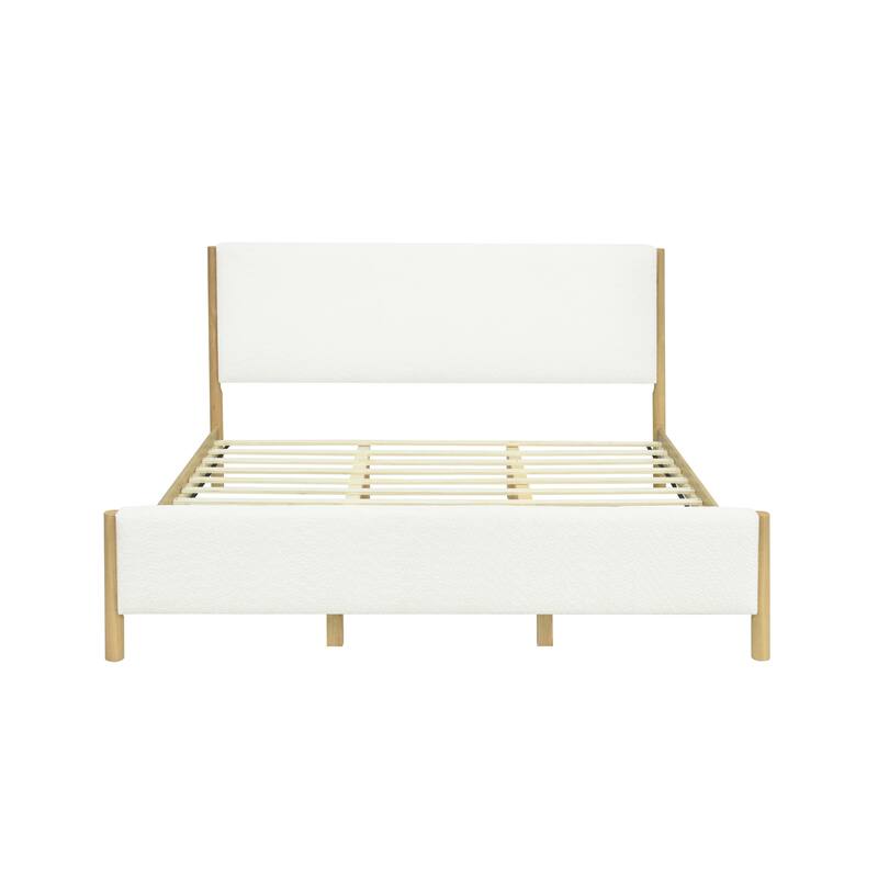 Roomfitters White Boucle Upholstered Bed with Rubberwood Legs, Modern Platform