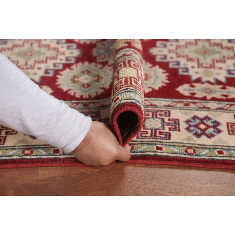 Hand Knotted Oriental 100% Wool Carpet Traditional Geometric Red Kazak Runner Rug - 6' 8'' X 2' 10''