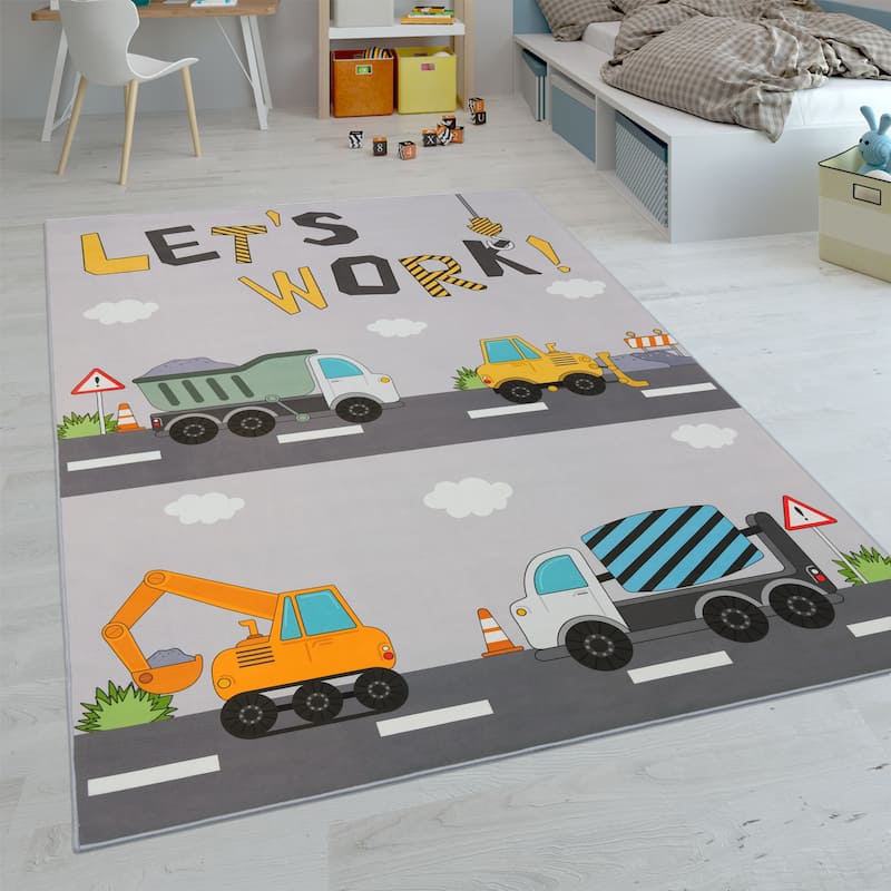 Kids Rug for Nursery Construction Road Play Mat with Cranes and Trucks - 3'11" x 5'3"