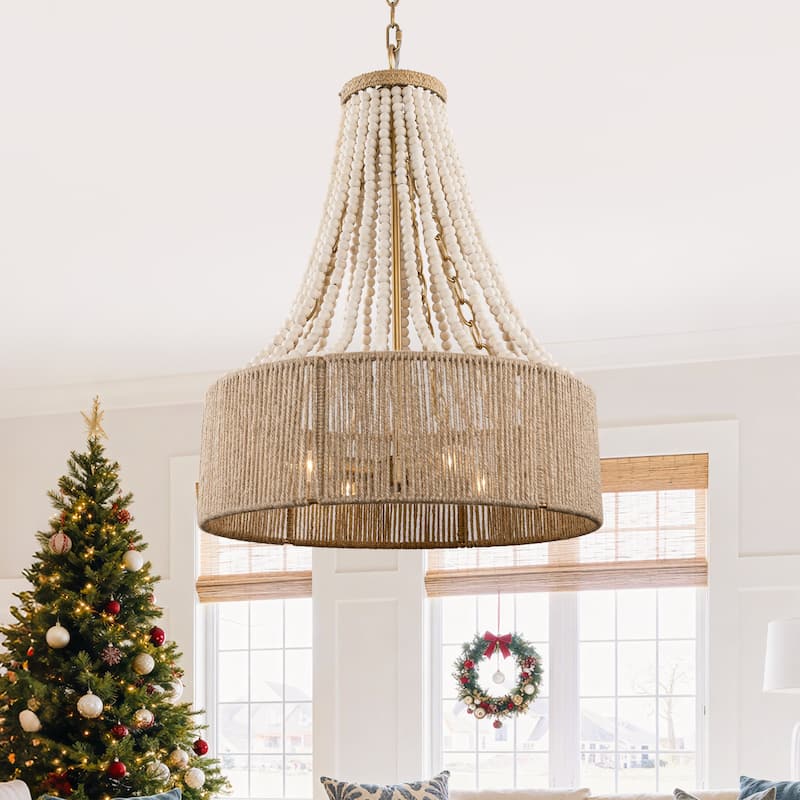 4-Light Bohemian Woven Hemp Rope Wood Beads Empire Chandelier