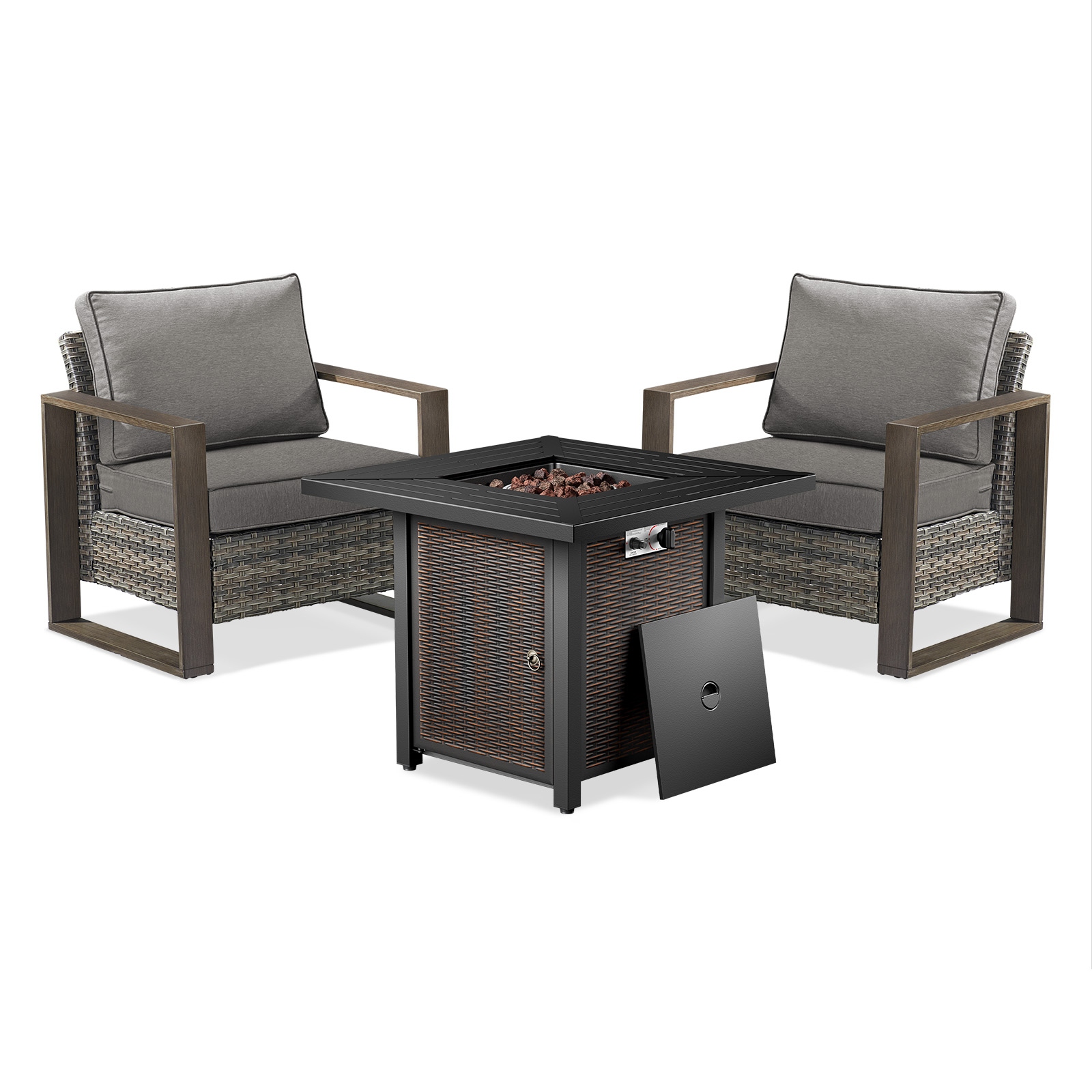 Meyreso 3-Piece Wicker Patio Conversation Set with Metal Fire Pit & Plush 4.5" Olefin Cushions