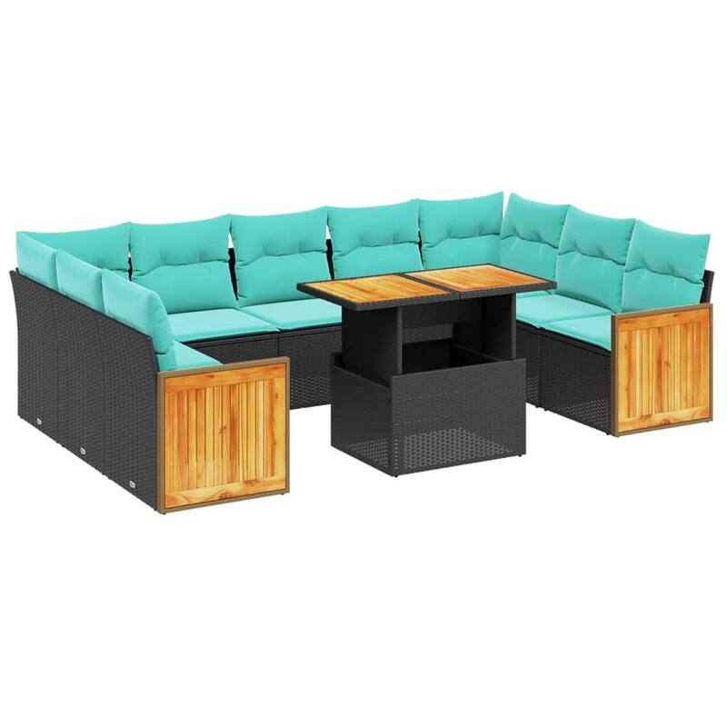 vidaXL 10 Piece Patio Sofa Set with Cushions Black/Gray Poly Rattan Acacia - 21.7 x 24.4 x 27.2