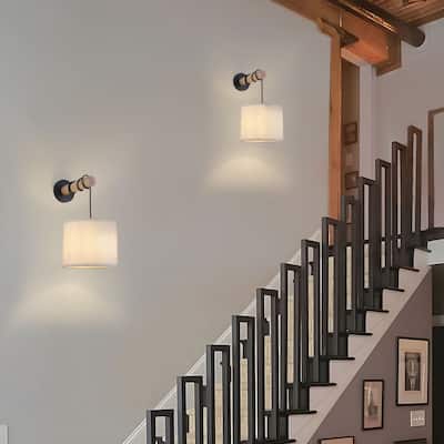Starsky Indoor Wall Light Wall Sconces with White Fabric Linen Lampshades and Oak Wood Arm, Set of 2 - set of 2