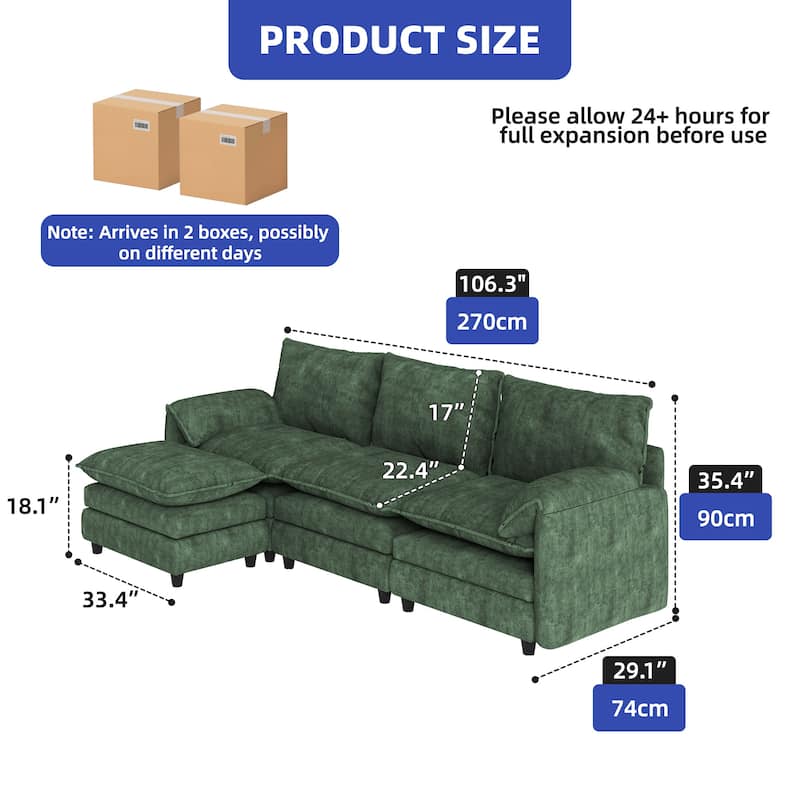 Modern Velvet L Shaped Couch 108" Modular Sectional Sofa with Movable Ottoman