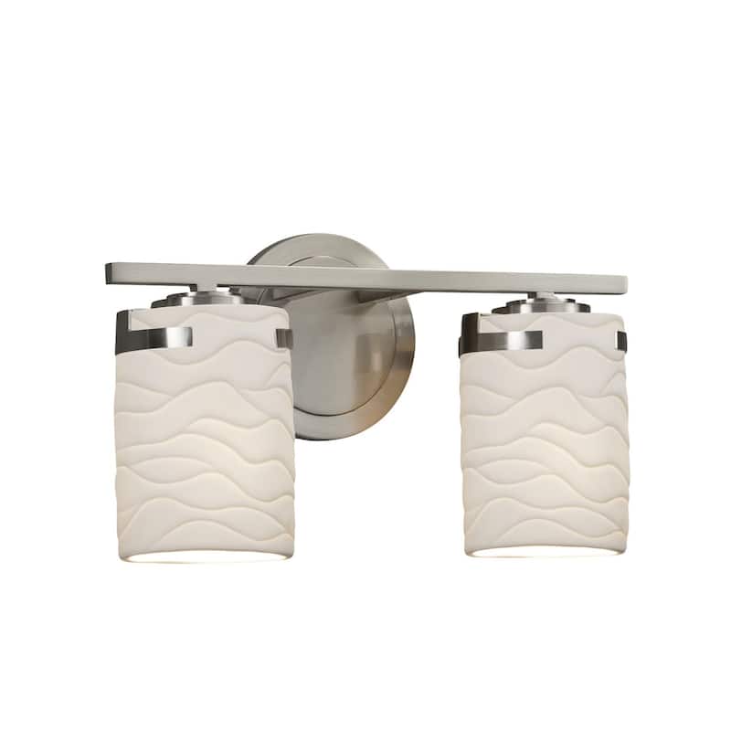 Justice Design Limoges Atlas 2-light Brushed Nickel Bath Bar, Waves Cylinder - Flat Rim Shade - Silver