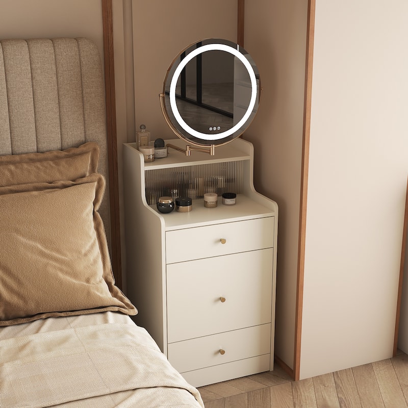 3 in 1 Small Vanity, Makeup Table with Mirror and Light, Vanity Table Set with 2 Drawers and Upholstered Stool