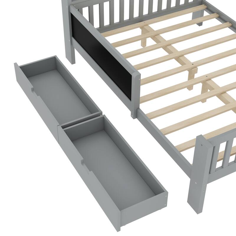 Childlike Fun Solid Wood Low-profile Platform Bed Storage Bed Frame with Side Chalkboard, Open Shelves, Drawers and Guardrails