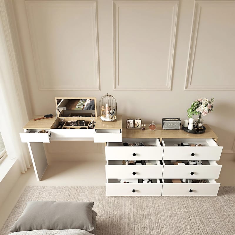 Home Office Storage Expandable Dresser Desk Combo With Flip-Top Makeup Mirror and 6 Storage Drawers