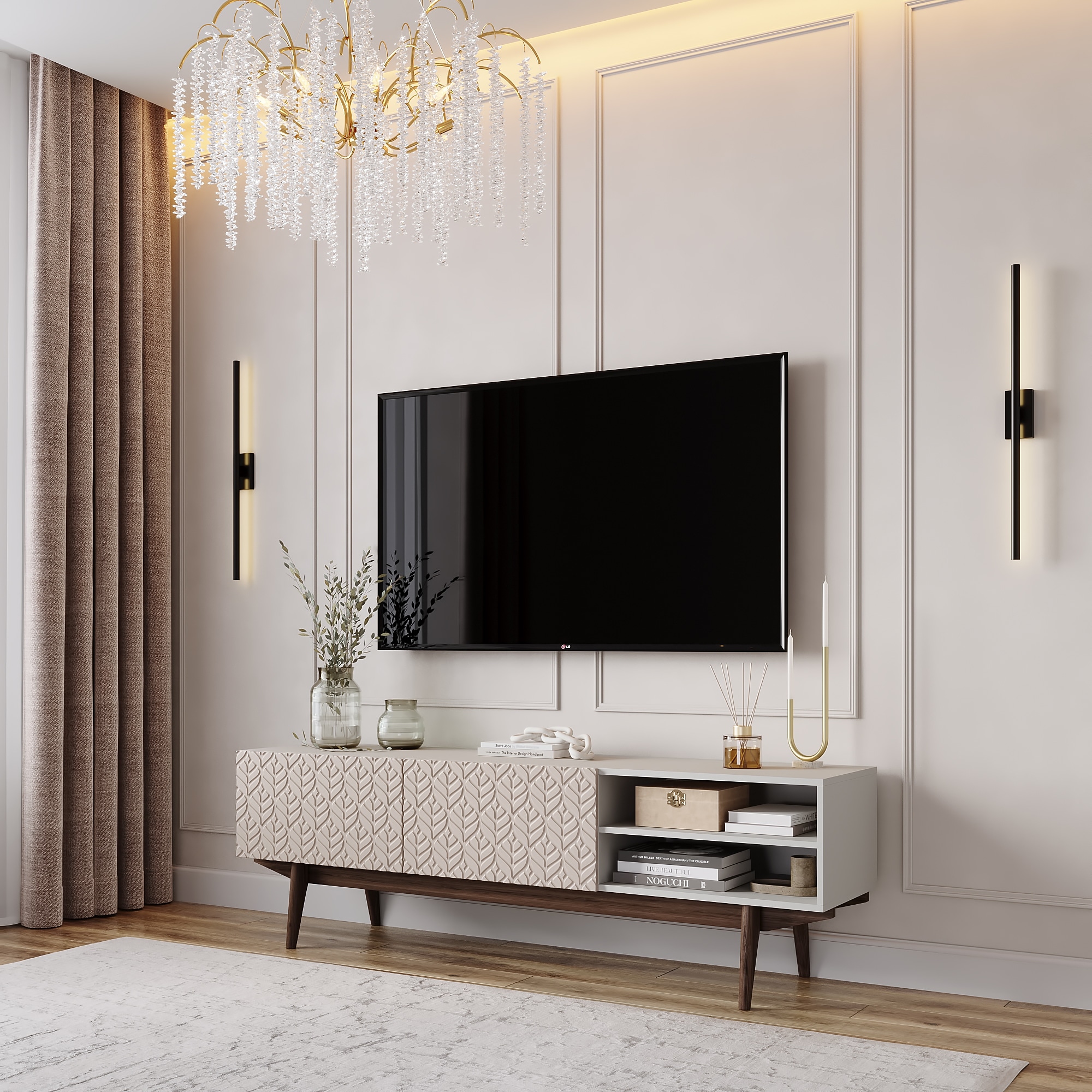 Living Skog Kelly TV Stand Console Fits TV's up to 65 in. with Wood Legs in Mid Century Modern Scandinavian Design