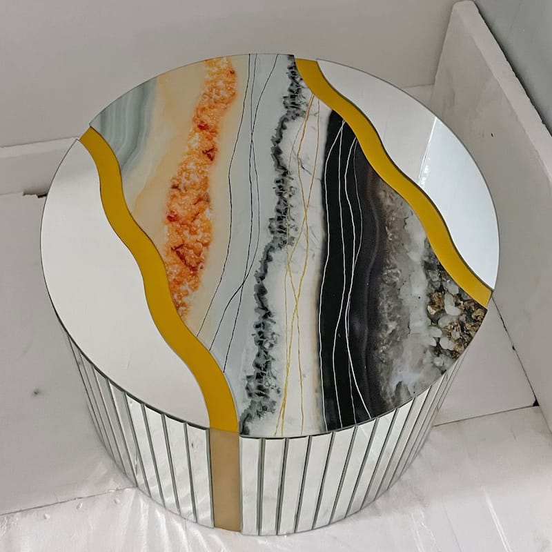 Marble pattern sticker Round Coffee Table, Cylindrical Silver Mirror with Gold Dust Finish, Modern Home Decor Table