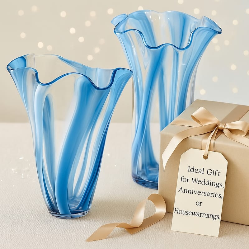 Blue Striped Handblown Glass Set of Two Scalloped Edge Vases