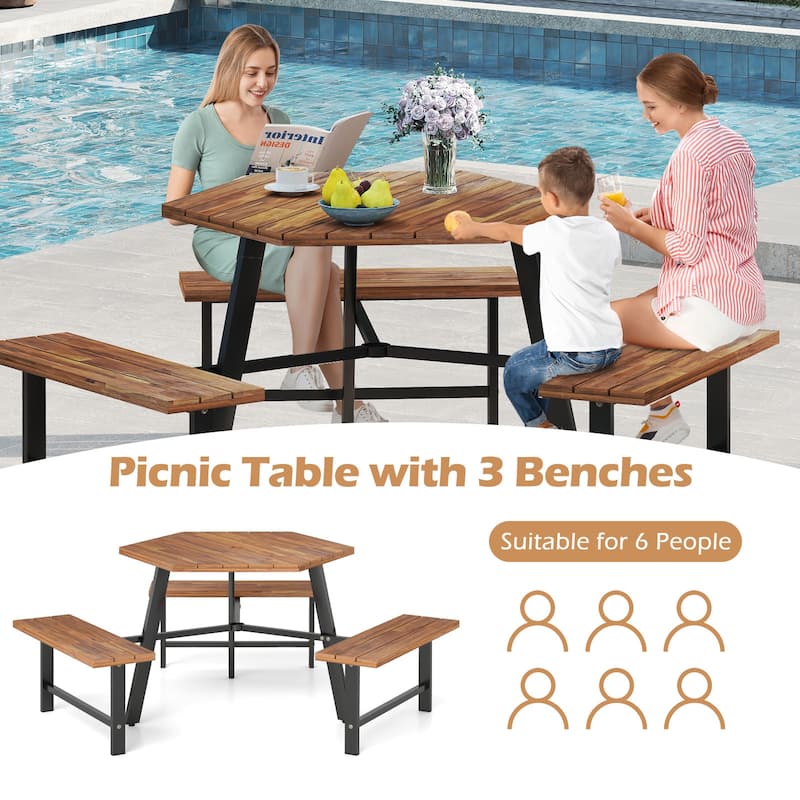 Gymax 6 Person Acacia Wood Picnic Table Bench Set w/3 Seats Umbrella