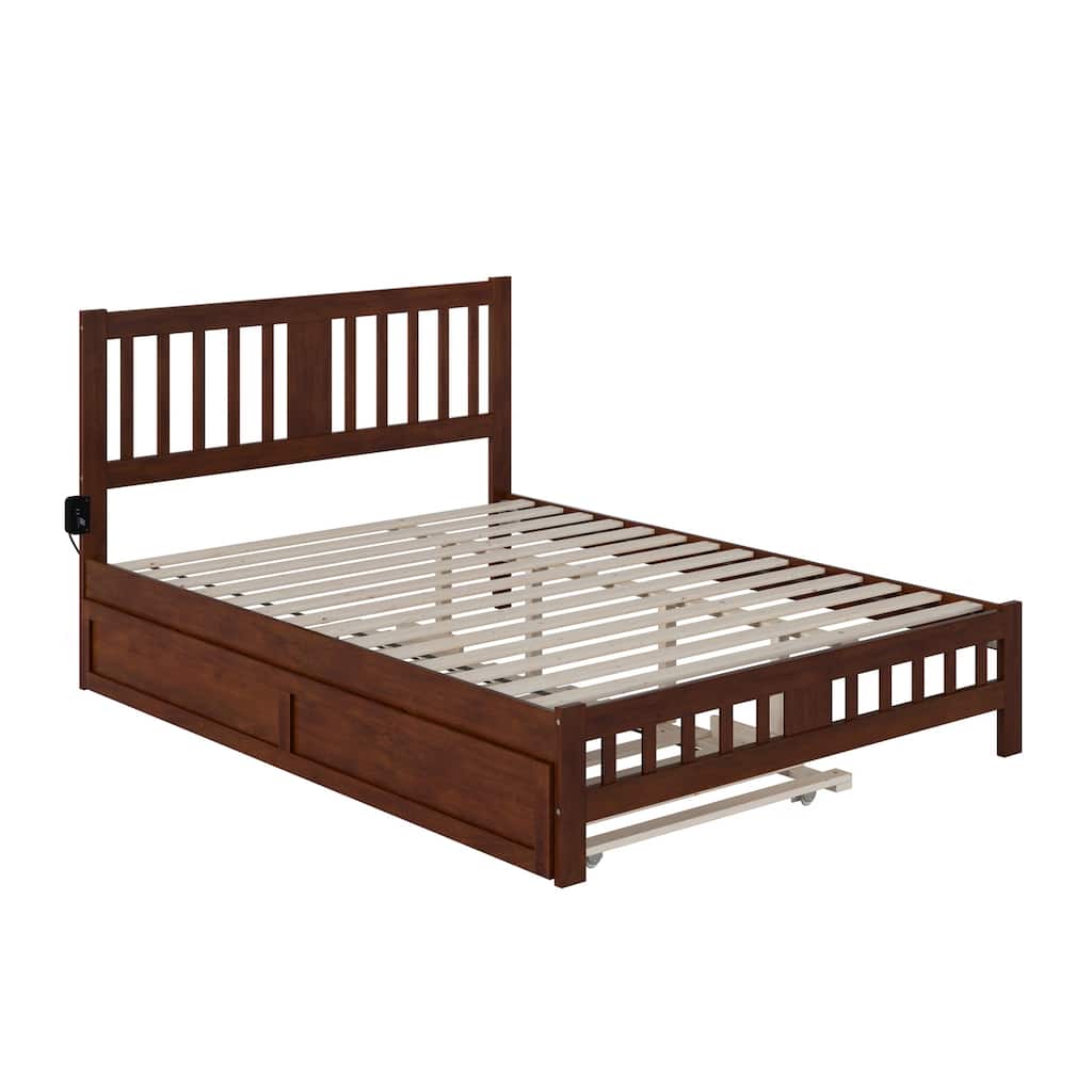 Twin Trundle Bed with Footboard - Walnut Finish, Seaside Style, Solid Wood Frame, Easy Assembly
