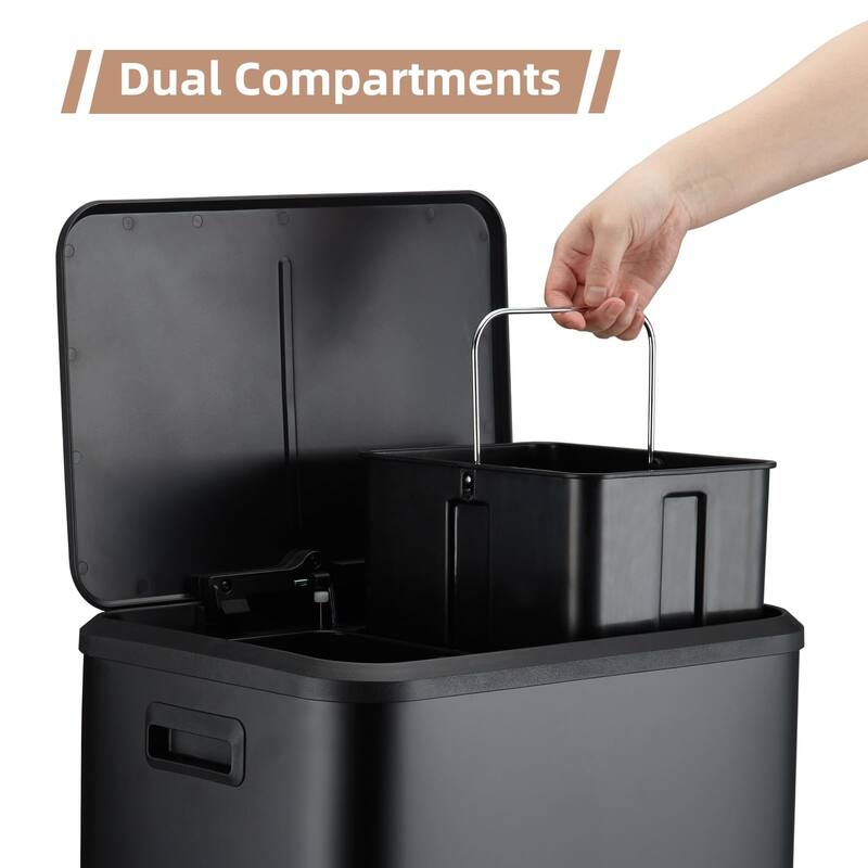 Hands-Free Stainless Steel Dual Trash Can 2 x 4 Gal (2 x 15L) with Lid and Inner Buckets