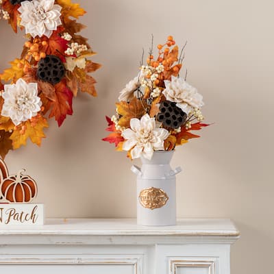 Glitzhome 22"H Fall Dahlia Berry Maple Leaves in Pitcher Floral Centerpiece