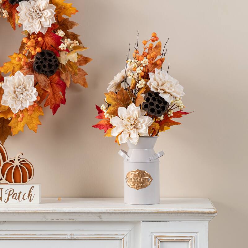 Glitzhome 24"H Fall Maple Leaf Pumpkin Urn Table Tree Thanksgiving - White