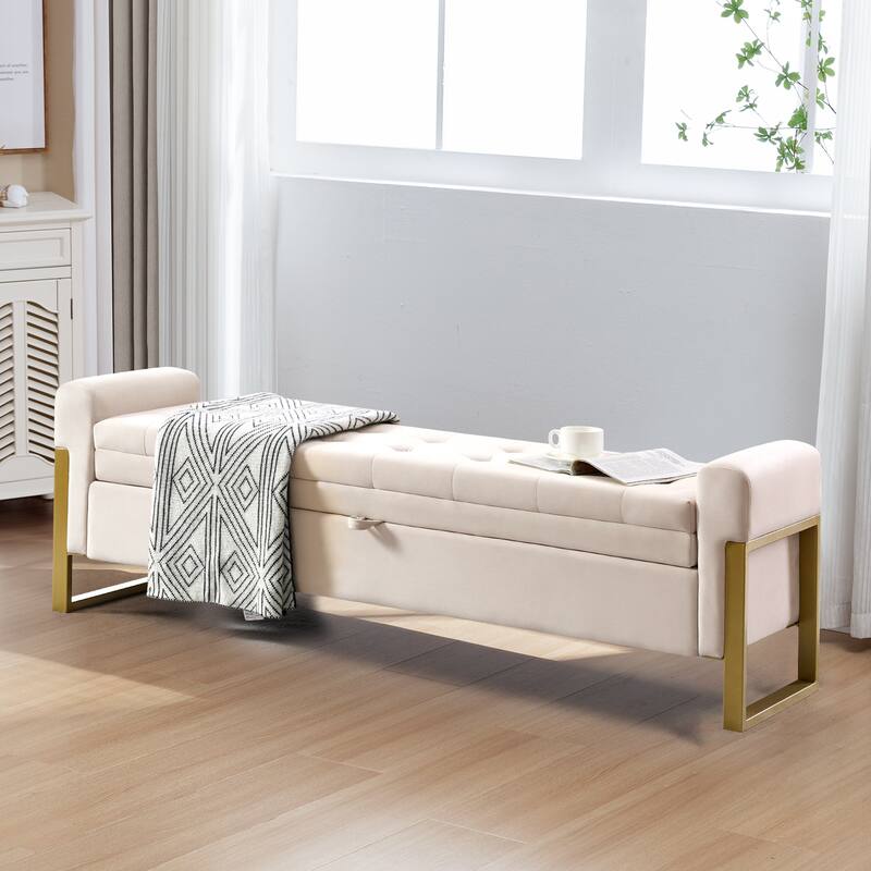 66" Storage Bench for Bedroom End of Bed with Single Lids and Gold Legs