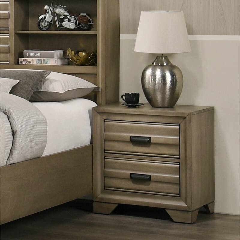 Roundhill Furniture Loiret Rubbed Gray Oak Finish Wood Storage Platform Bedroom Set with Dresser, Mirror, Two Nightstands