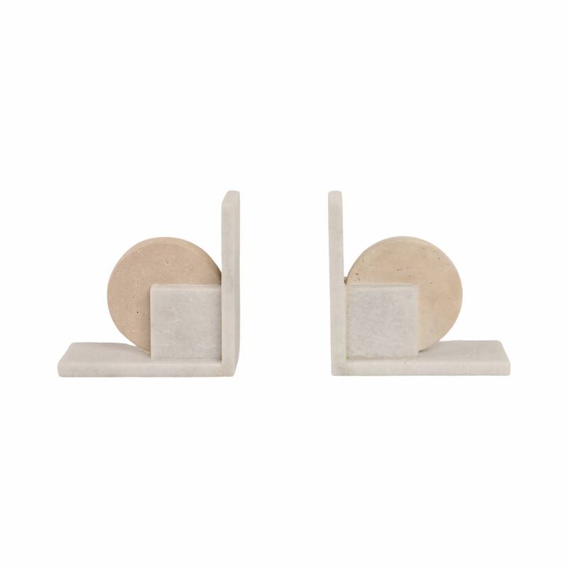 Decorative Geometric Marble Bookends - Set of 2 , 6", White & Tan - 6.0"