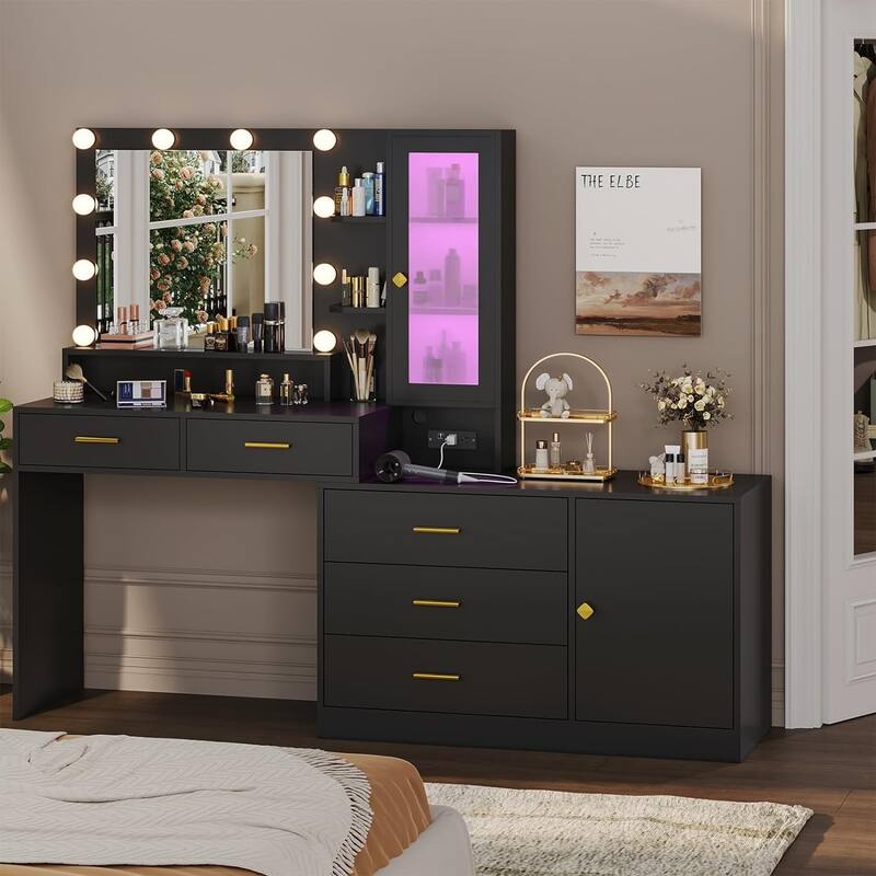 Makeup Vanity Desk Light Bulbs & RGB Cabinets Drawers Storage Shelves - Black