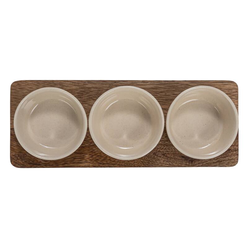 Stoneware Serving Dish with Mango Wood Base