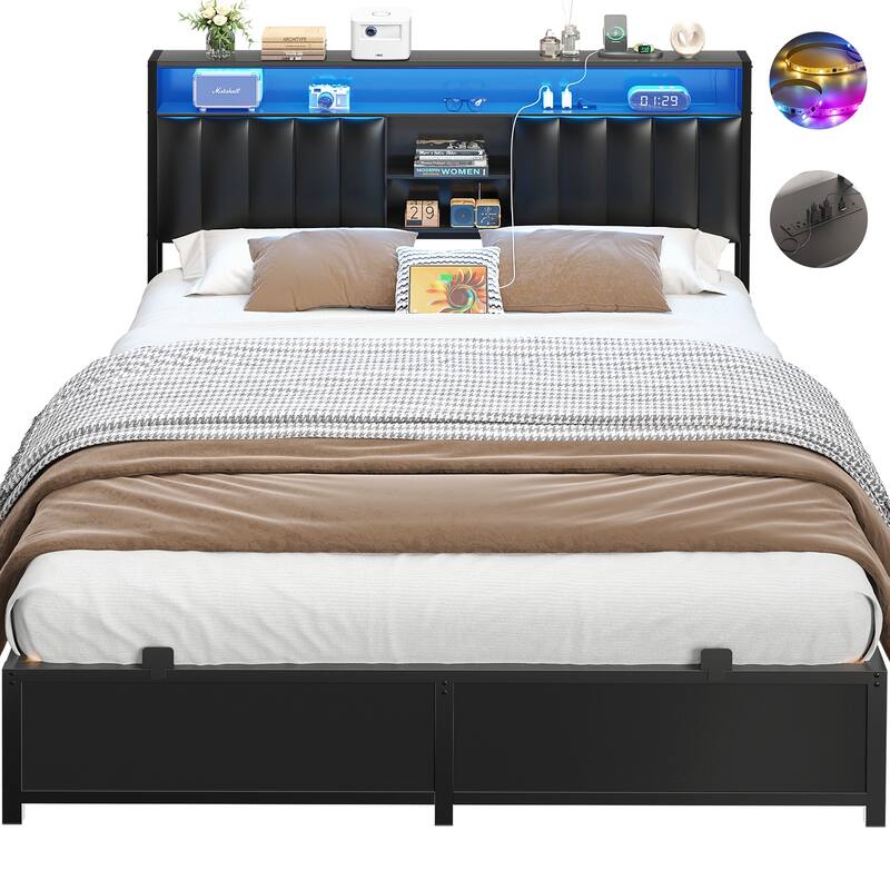 Upholstered Bed Frame with Storage Shelving, Platform Beds with Charge Station and LED Lights